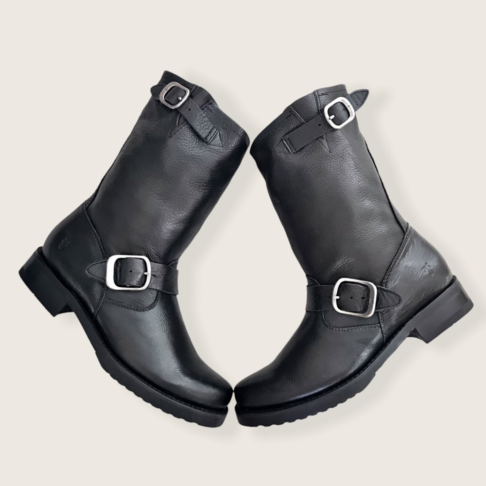 Frye Veronica Short Belted Black Leather Popular Moto Vintage Combat Ankle Boot - Picture 10 of 16
